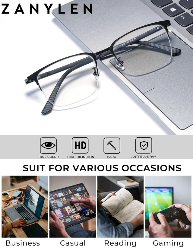 Alt view image 3 of 5 - ZanyLen Blue Light Blocking Glasses Men Computer Gaming Glasses Rectangle Metal Semi-rimless Black Frame Anti Glare/UV400 Clear Lens