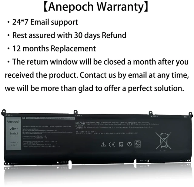Alt view image 2 of 5 - Anepoch 8FCTC Laptop Battery Replacement for Dell XPS 15 9500 Precision 5550 Alienware M15 R3 R4 M17 Series Notebook 69KF2 08FCTC 070N2F 0M59JH 0DVG8M 70N2F 0P8P1P 11.4V 56Wh 4650mAh