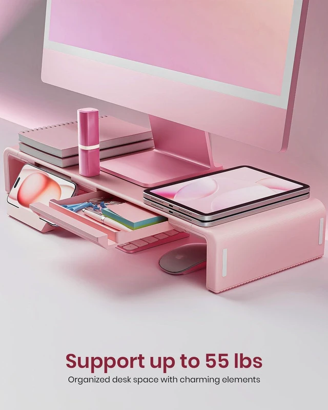 Alt view image 2 of 5 - Pink Monitor Stand Riser, Klearlook Foldable, Height Adjustable Computer Stand, Desk Shelf Riser with Storage Drawer &Tablet Phone Stand for Desktop, Laptop