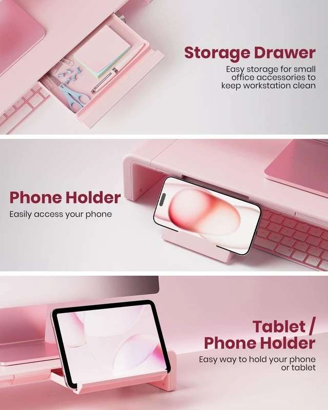 Alt view image 3 of 5 - Pink Monitor Stand Riser, Klearlook Foldable, Height Adjustable Computer Stand, Desk Shelf Riser with Storage Drawer &Tablet Phone Stand for Desktop, Laptop