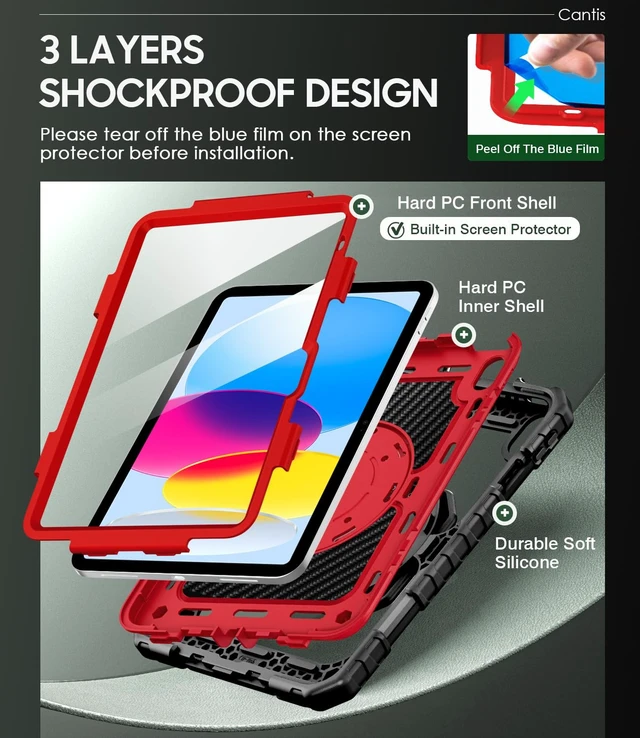 Alt view image 3 of 5 - Cantis Case for iPad (A16) 11th/ 10th Generation 11/ 10.9 Inch 2025/ 2022, Shockproof Case for iPad 11 with Screen Protector/ Rotating Stand/ Adjustable Shoulder Strap/ Pen Holder, Black+Red+Black