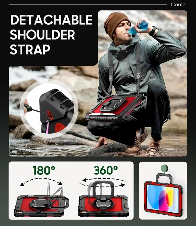 Alt view image 5 of 5 - Cantis Case for iPad (A16) 11th/ 10th Generation 11/ 10.9 Inch 2025/ 2022, Shockproof Case for iPad 11 with Screen Protector/ Rotating Stand/ Adjustable Shoulder Strap/ Pen Holder, Black+Red+Black