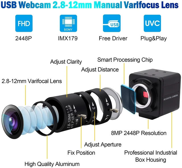 Alt view image 4 of 5 - 8MP USB Camera for Computer, 2.8-12mm 4X Optical Zoom, Ultra HD 4K Webcam