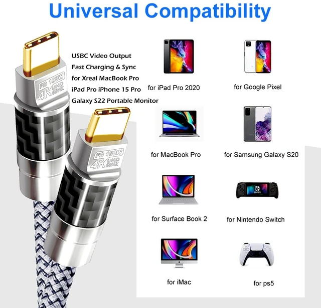 Alt view image 3 of 5 - USB C to C Cable 25FT,100W 4K60HZ Type C GEN2x2(Data usb3.1),USB C Video Output From USB3.2/ USB4.0 Fast Charging & Sync for Xreal MacBook Pro iPad Pro iPhone 15 Pro Galaxy S22 Portable Monitor
