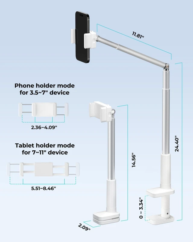 Alt view image 4 of 5 - Viozon Tablet Holder Stand, Phone/Kindle Holder with Flexible Aluminum Alloy Long Arm, C Clamp for Headboard Bedside&Table, Compatible with 3.5-11" iPad,Kindle, iPhone 15 14 Plus/Pro Max,W