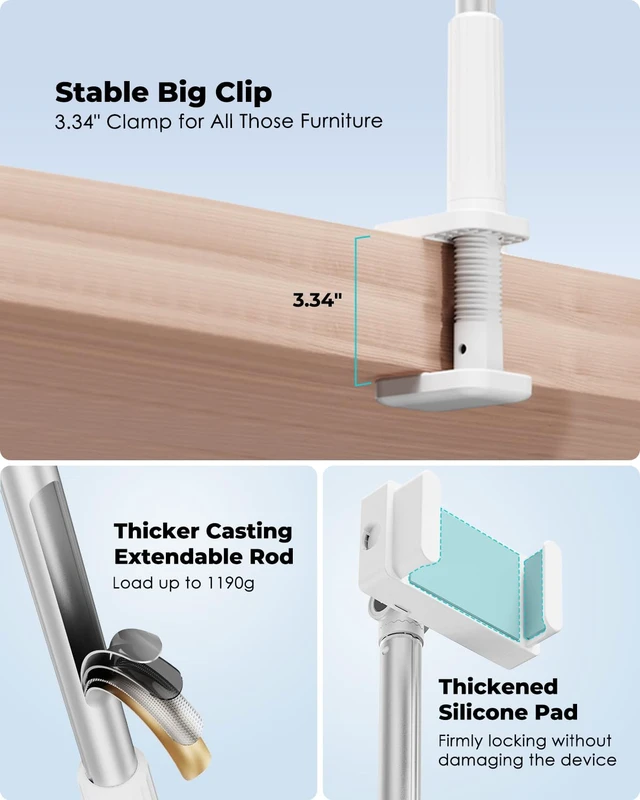 Alt view image 5 of 5 - Viozon Tablet Holder Stand, Phone/Kindle Holder with Flexible Aluminum Alloy Long Arm, C Clamp for Headboard Bedside&Table, Compatible with 3.5-11" iPad,Kindle, iPhone 15 14 Plus/Pro Max,W