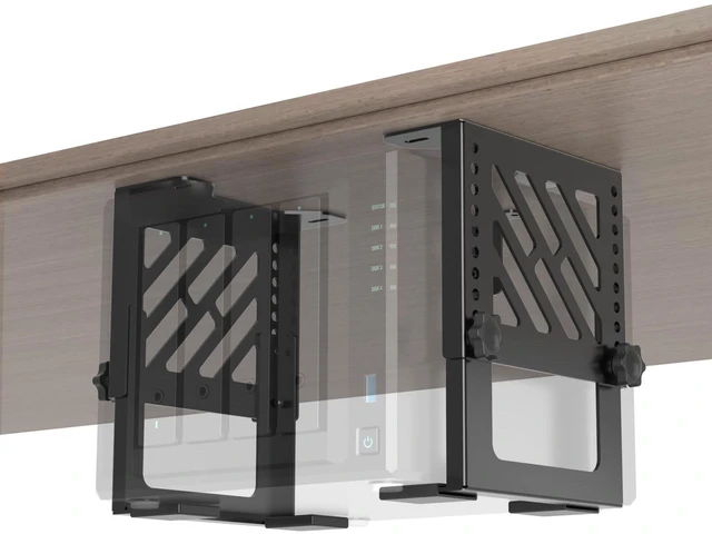 Main image of Metal Under Desk Mount for NAS Adjustable Mounting Bracket for Desktop NAS 1/2/4 Bay Network Attached Storage Under Desk Holder for NAS/Small PC/SFF Desktop Tower/CPU/UPS and More with Cable Ties