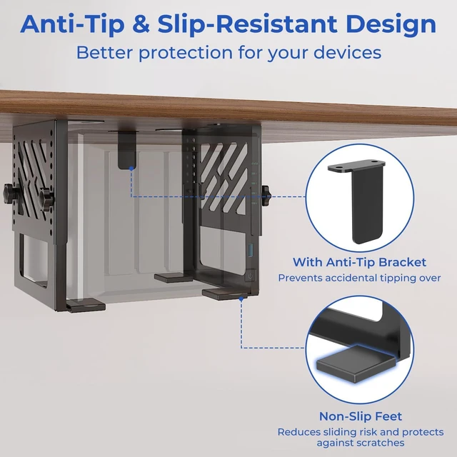 Alt view image 4 of 5 - Metal Under Desk Mount for NAS Adjustable Mounting Bracket for Desktop NAS 1/2/4 Bay Network Attached Storage Under Desk Holder for NAS/Small PC/SFF Desktop Tower/CPU/UPS and More with Cable Ties