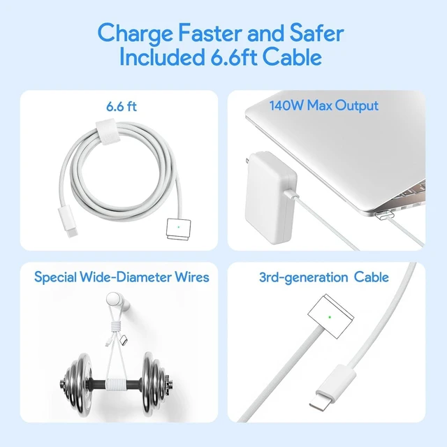 Alt view image 5 of 5 - 140W USB C Charger Power Adapter, Mag 3 PD 3.1 Cable for Mac Book pro 14-16inch 2021 2023 M1 M2 M3, Mac Book Air 13-15inch 2022 2023 2024 M2 M3, Include 6.6ft 5A Braided Cable
