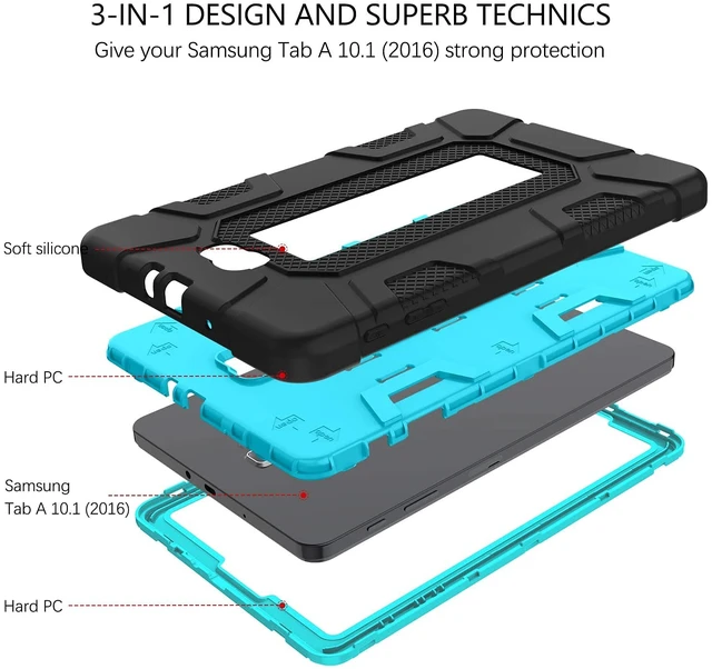 Alt view image 3 of 5 - GUAGUA Protective Case for Samsung Galaxy Tab A 10.1 2016, Heavy Duty Rugged Shockproof Anti-Scratch Tablet Cover with Kickstand, Black/Blue