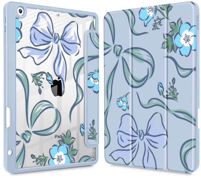 Main image of Mektron Printed Case for iPad 10.2 Inch, iPad 9th Gen 2021/8th Gen 2020/7th Gen 2019 Tablet Case, Buit in Pencil Holder with Shockproof Cover Clear Shell + Trifold Stand, Flowers-Bows-Blue