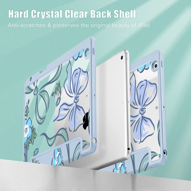 Alt view image 3 of 5 - Mektron Printed Case for iPad 10.2 Inch, iPad 9th Gen 2021/8th Gen 2020/7th Gen 2019 Tablet Case, Buit in Pencil Holder with Shockproof Cover Clear Shell + Trifold Stand, Flowers-Bows-Blue