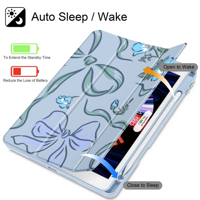 Alt view image 5 of 5 - Mektron Printed Case for iPad 10.2 Inch, iPad 9th Gen 2021/8th Gen 2020/7th Gen 2019 Tablet Case, Buit in Pencil Holder with Shockproof Cover Clear Shell + Trifold Stand, Flowers-Bows-Blue