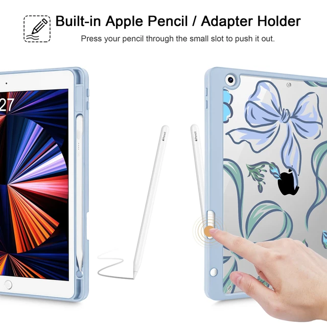 Alt view image 4 of 5 - Mektron Printed Case for iPad 10.2 Inch, iPad 9th Gen 2021/8th Gen 2020/7th Gen 2019 Tablet Case, Buit in Pencil Holder with Shockproof Cover Clear Shell + Trifold Stand, Flowers-Bows-Blue