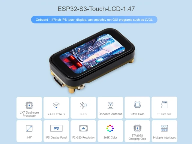 Alt view image 2 of 5 - ESP32-S3 Development Board with 1.47inch Touch LCD Display, 172320 Pixels 262K Color IPS Touch Screen, Support 2.4GHz WiFi & Bluetooth 5, Dual-core Processor up to 240MHz Frequency
