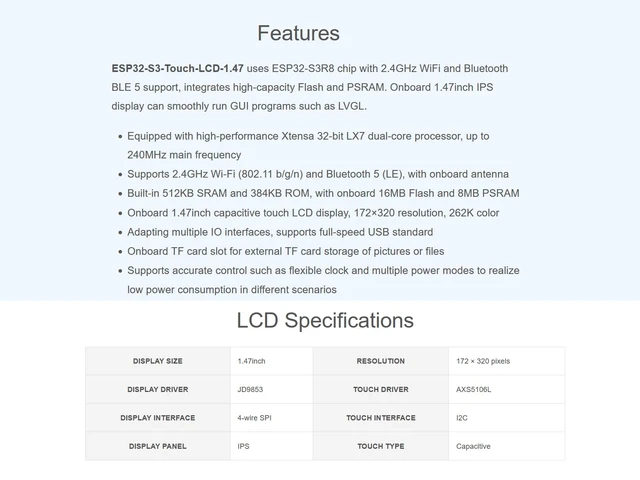 Alt view image 5 of 5 - ESP32-S3 Development Board with 1.47inch Touch LCD Display, 172320 Pixels 262K Color IPS Touch Screen, Support 2.4GHz WiFi & Bluetooth 5, Dual-core Processor up to 240MHz Frequency