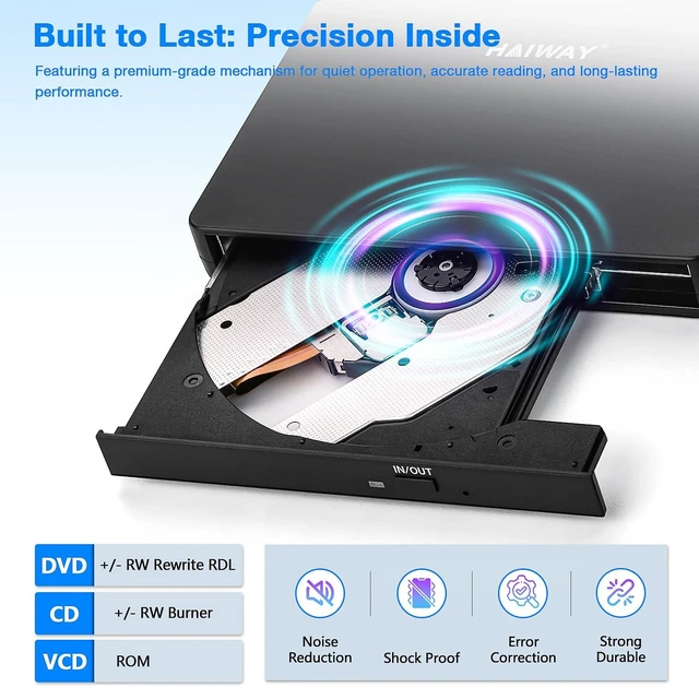 Alt view image 2 of 5 - Haiway External CD DVD Drive, USB 3.0 Type-C CD Burner for Laptop PC Black
