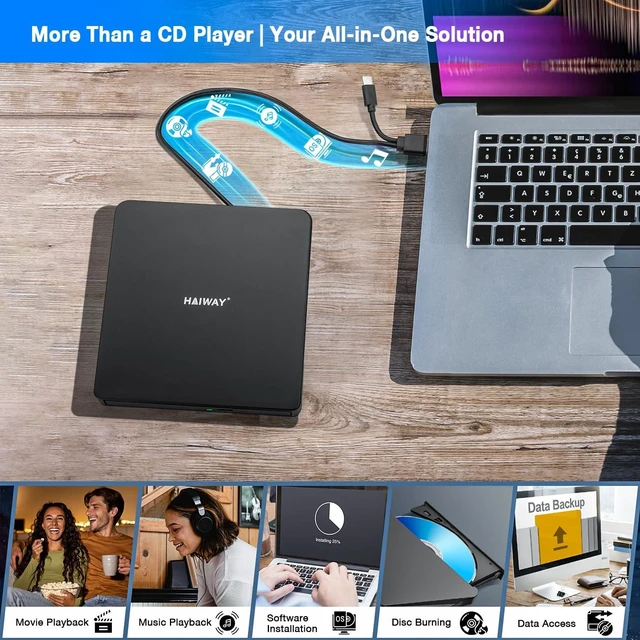 Alt view image 5 of 5 - Haiway External CD DVD Drive, USB 3.0 Type-C CD Burner for Laptop PC Black