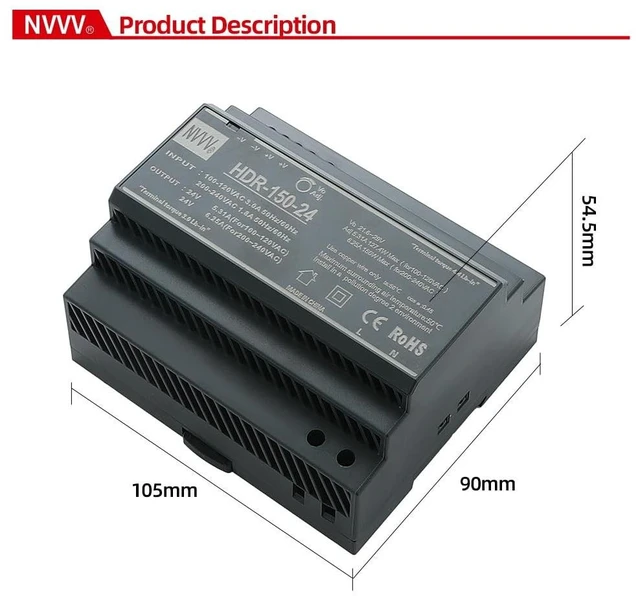 Alt view image 2 of 5 - HDR-150-24 Ultra Slim Step-Shape DIN Rail Power Supply, 24Volt 5.31Amp 127.4Watt