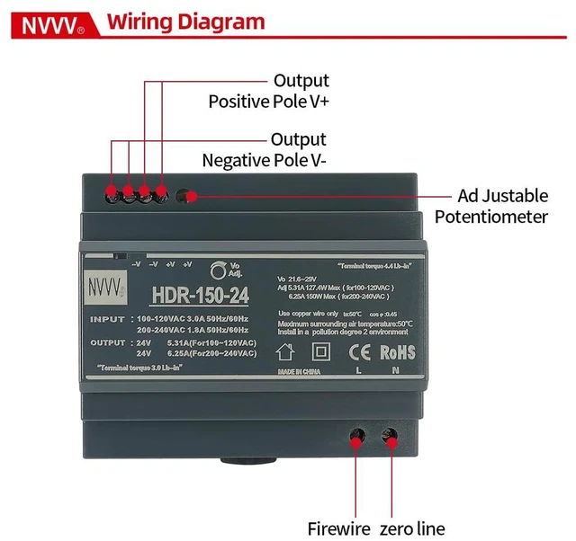 Alt view image 3 of 5 - HDR-150-24 Ultra Slim Step-Shape DIN Rail Power Supply, 24Volt 5.31Amp 127.4Watt