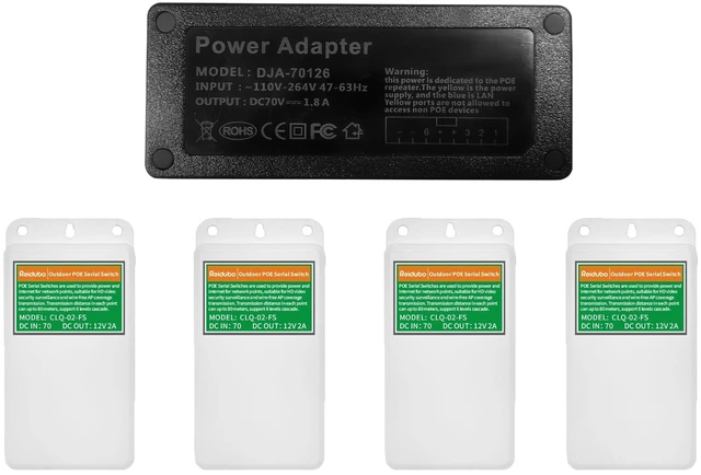 Main image of PoE Injector Adapter with 4 PoE Splitters 5.5x2.1mm 12V2A Output, PoE Serial Splitter Kit Comply IEEE 802.3af/at Standard, Total Distance Up to 1312 ft for Non-PoE Devices. (PoE Serial Switch Outdoor)