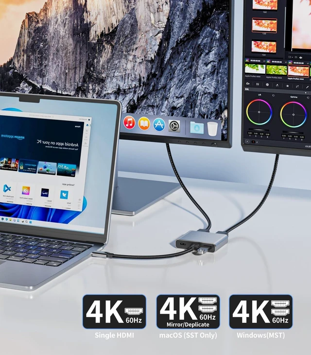 Alt view image 2 of 5 - SWITCHFLUX USB C to Dual HDMI Adapter ^^4K60Hz HDMI Splitter Extended Display for Dual Monitors,100W PD,USB 3.0 Port Converter Compatible with Laptop,Tablet,Graphics Card