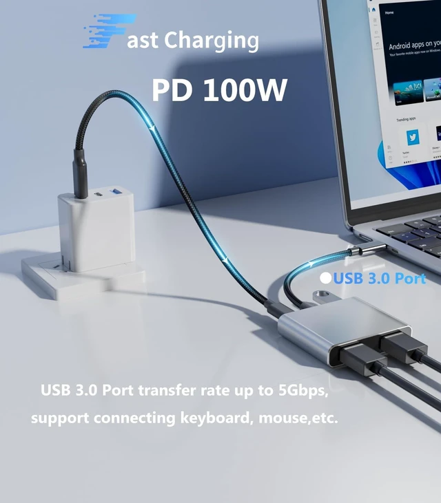 Alt view image 5 of 5 - SWITCHFLUX USB C to Dual HDMI Adapter ^^4K60Hz HDMI Splitter Extended Display for Dual Monitors,100W PD,USB 3.0 Port Converter Compatible with Laptop,Tablet,Graphics Card
