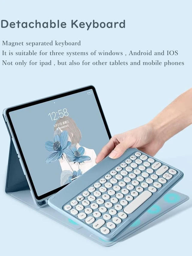 Alt view image 2 of 5 - HENGHUI Keyboard Case Mouse for Galaxy Tab S10 Lite / S10 FE / S9 FE 10.9 inch, Tab S9/S8/S7 11" Case with Cute Round Key Detachable BT Color Keyboard Cover (Purple)