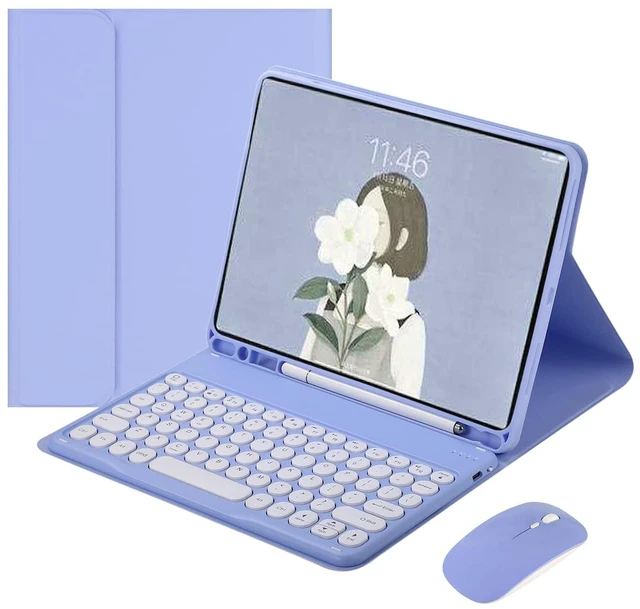 Main image of HENGHUI Keyboard Case Mouse for Galaxy Tab S10 Lite / S10 FE / S9 FE 10.9 inch, Tab S9/S8/S7 11" Case with Cute Round Key Detachable BT Color Keyboard Cover (Purple)