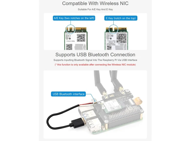 Alt view image 4 of 5 - waveshare PCIe to M.2 E Key Adapter with PoE HAT for Raspberry Pi 5,Compatible with NGFF (M.2 E Key) Wireless NIC,Suitable for A/E Key and E Key