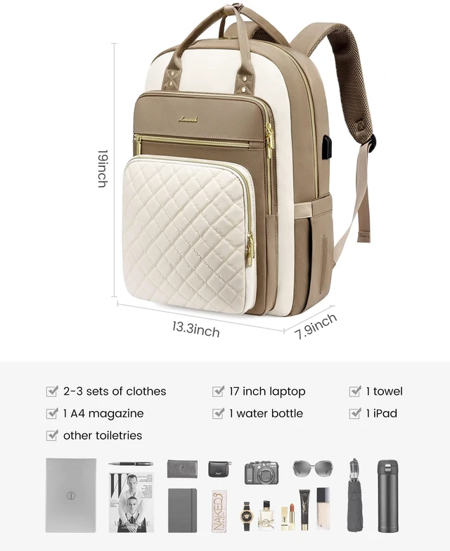 Alt view image 2 of 5 - LOVEVOOK Laptop Backpack Purse for Women, 17" Laptop Bag with USB Port, Water Resistant Lightweight Daypacks for College Travel Work Business, Nurse Teacher Computer Bags, Khaki Beige