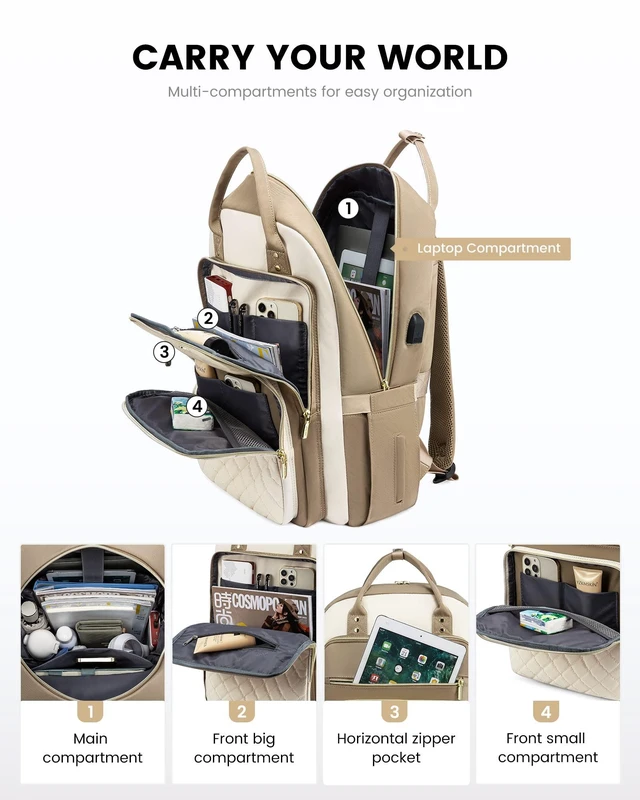 Alt view image 3 of 5 - LOVEVOOK Laptop Backpack Purse for Women, 17" Laptop Bag with USB Port, Water Resistant Lightweight Daypacks for College Travel Work Business, Nurse Teacher Computer Bags, Khaki Beige