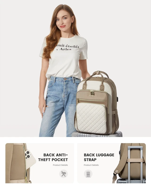 Alt view image 5 of 5 - LOVEVOOK Laptop Backpack Purse for Women, 17" Laptop Bag with USB Port, Water Resistant Lightweight Daypacks for College Travel Work Business, Nurse Teacher Computer Bags, Khaki Beige