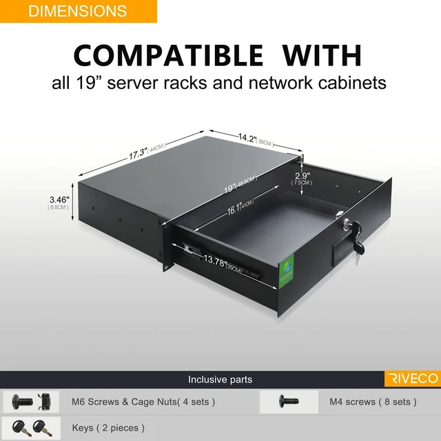 Alt view image 3 of 5 - RIVECO 2U Rack Drawer Rack Mount Drawer for 19 Network Equipment & Server Rack Cabinet Lockable Deep Drawer with Key Black