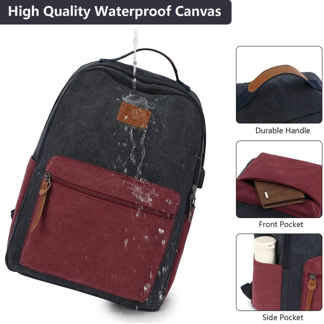 Alt view image 2 of 5 - Waterproof Canvas Backpack, 15.6 Laptop Daypack with USB Port, Blue-Red