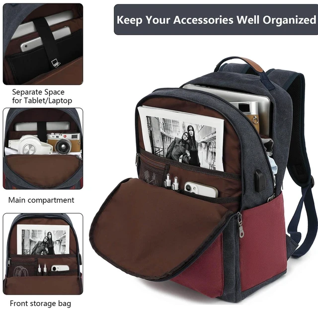Alt view image 4 of 5 - Waterproof Canvas Backpack, 15.6 Laptop Daypack with USB Port, Blue-Red
