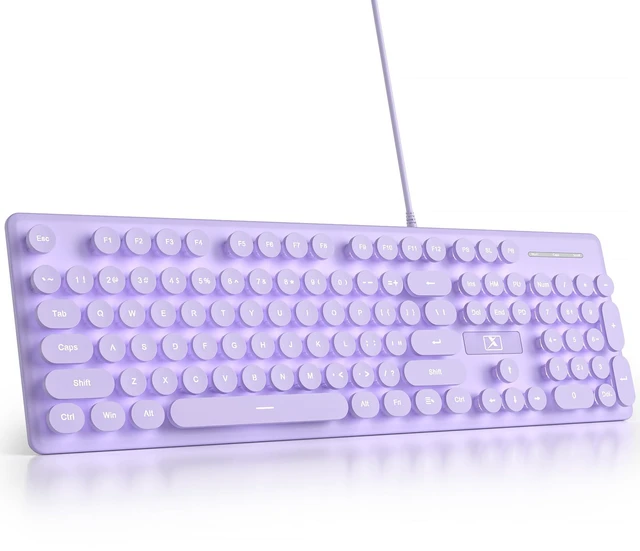 Main image of Fogruaden Wired Retro Typewriter Keyboard, Quiet Full Size Membrane Keyboard Light Up, Purple Cute Computer Keyboards, 104 Round Keys, White LED Backlit, Slim, Silent for Windows PC, Laptop