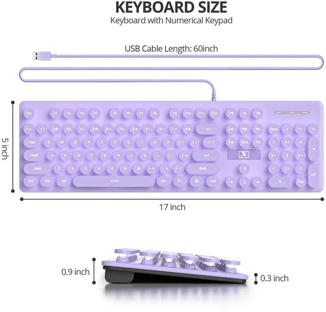 Alt view image 2 of 5 - Fogruaden Wired Retro Typewriter Keyboard, Quiet Full Size Membrane Keyboard Light Up, Purple Cute Computer Keyboards, 104 Round Keys, White LED Backlit, Slim, Silent for Windows PC, Laptop