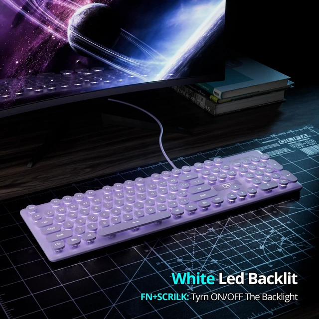 Alt view image 4 of 5 - Fogruaden Wired Retro Typewriter Keyboard, Quiet Full Size Membrane Keyboard Light Up, Purple Cute Computer Keyboards, 104 Round Keys, White LED Backlit, Slim, Silent for Windows PC, Laptop