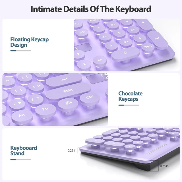 Alt view image 3 of 5 - Fogruaden Wired Retro Typewriter Keyboard, Quiet Full Size Membrane Keyboard Light Up, Purple Cute Computer Keyboards, 104 Round Keys, White LED Backlit, Slim, Silent for Windows PC, Laptop