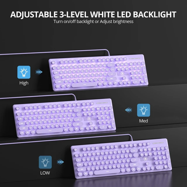 Alt view image 5 of 5 - Fogruaden Wired Retro Typewriter Keyboard, Quiet Full Size Membrane Keyboard Light Up, Purple Cute Computer Keyboards, 104 Round Keys, White LED Backlit, Slim, Silent for Windows PC, Laptop