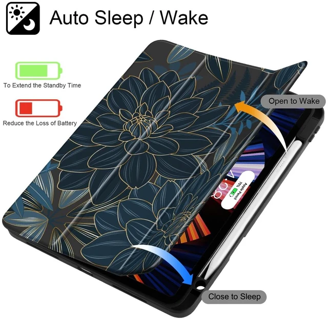 Alt view image 3 of 5 - Tuiklol for iPad Pro 11 Inch 4th / 3rd / 2nd / 1st Gen (2022 2021 2020 2018) Case -Built-in Pencil Holder Shockproof Cover Clear Transparent Back Shell with Auto Wake/Sleep, Black Flower