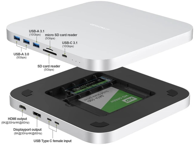 Alt view image 2 of 5 - GEWOKLIY Mac mini Dock, USB-C Docking Station with Dual SSD Enclosures, Compatible with 2.5-inch SATA HDD and NVMe M.2 SSD, Mac mini Hub with 4K HDMI & DisplayPort, USB A/C Ports, TF/SD Card Reader
