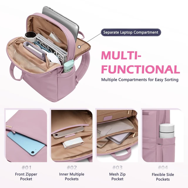 Alt view image 3 of 5 - GOLF QUALITY Slim Laptop Backpack for Women, Lightweight Business Backpack for Women Computer Bag Purse for Commuting, Fit 16 Inch, Pink Purple