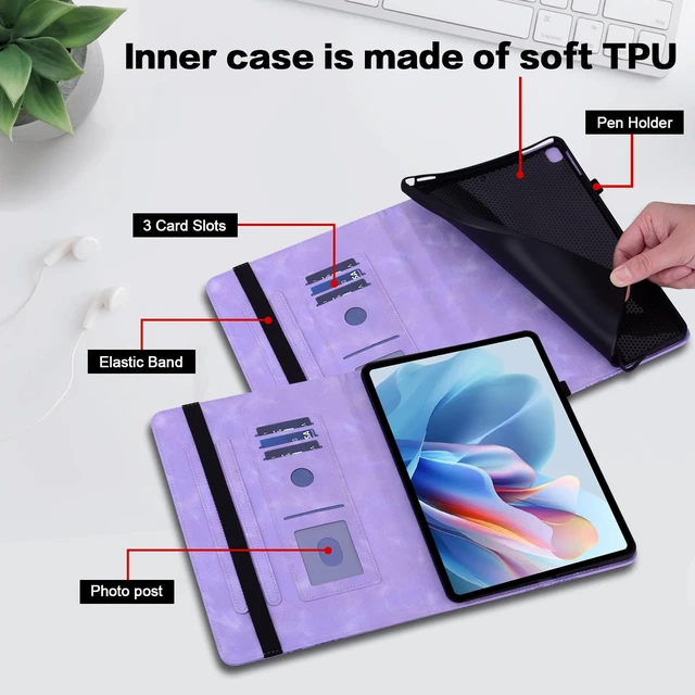Alt view image 3 of 5 - TUOLISG Case for Kindle Fire HD 10 9th/7th/5th Generation 10.1 Inch (2019/2017/2015) with Card Slots, Embossed PU Leather Shockproof Stand Case for Fire HD 10 9th/7th/5th Gen, Purple