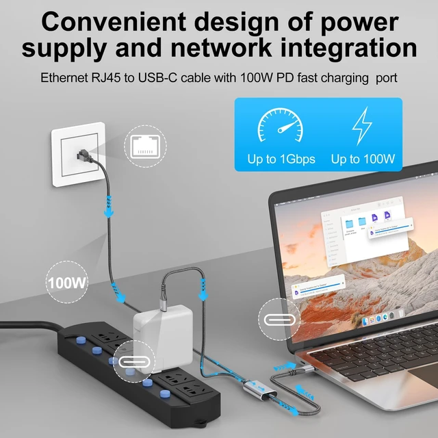 Alt view image 3 of 5 - USB C to Ethernet Cable & 100W Charging 10FT, USBC PD & Gigabit LAN 2 in 1