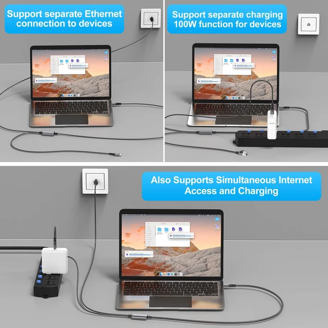 Alt view image 4 of 5 - USB C to Ethernet Cable & 100W Charging 10FT, USBC PD & Gigabit LAN 2 in 1