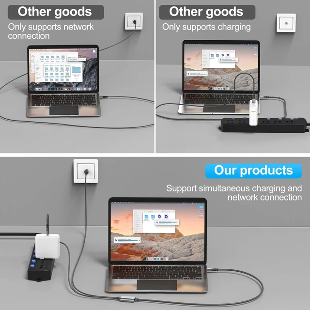 Alt view image 5 of 5 - USB C to Ethernet Cable & 100W Charging 10FT, USBC PD & Gigabit LAN 2 in 1
