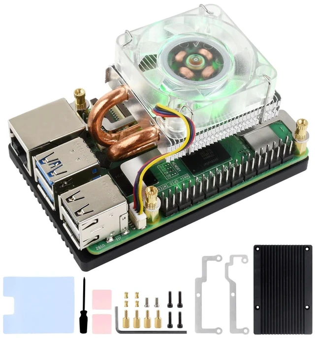 Main image of Waveshare Low-Profile ICE Tower CPU Cooling Fan, Compatible with Raspberry Pi 5, U-Shaped Copper Tube, Cooling Fins, Cooler with Colorful RGB LED