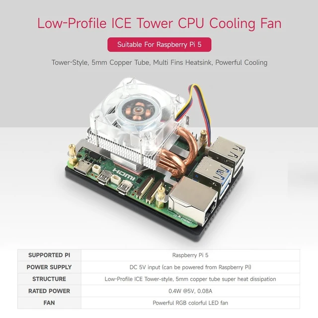 Alt view image 3 of 5 - Waveshare Low-Profile ICE Tower CPU Cooling Fan, Compatible with Raspberry Pi 5, U-Shaped Copper Tube, Cooling Fins, Cooler with Colorful RGB LED